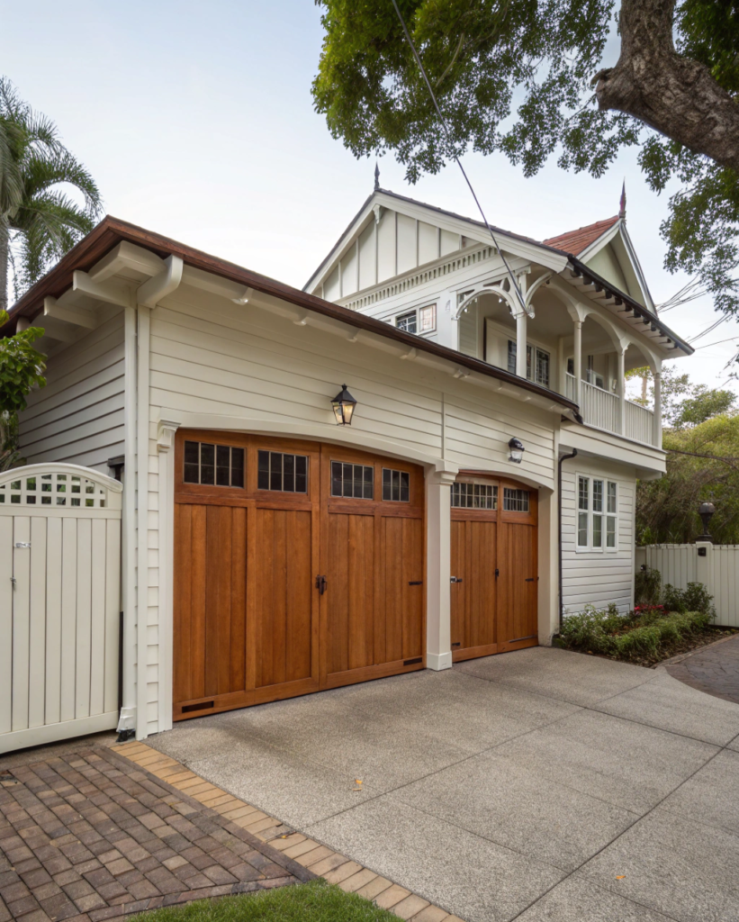 Restored timber garage door on a classic Queenslander-style home