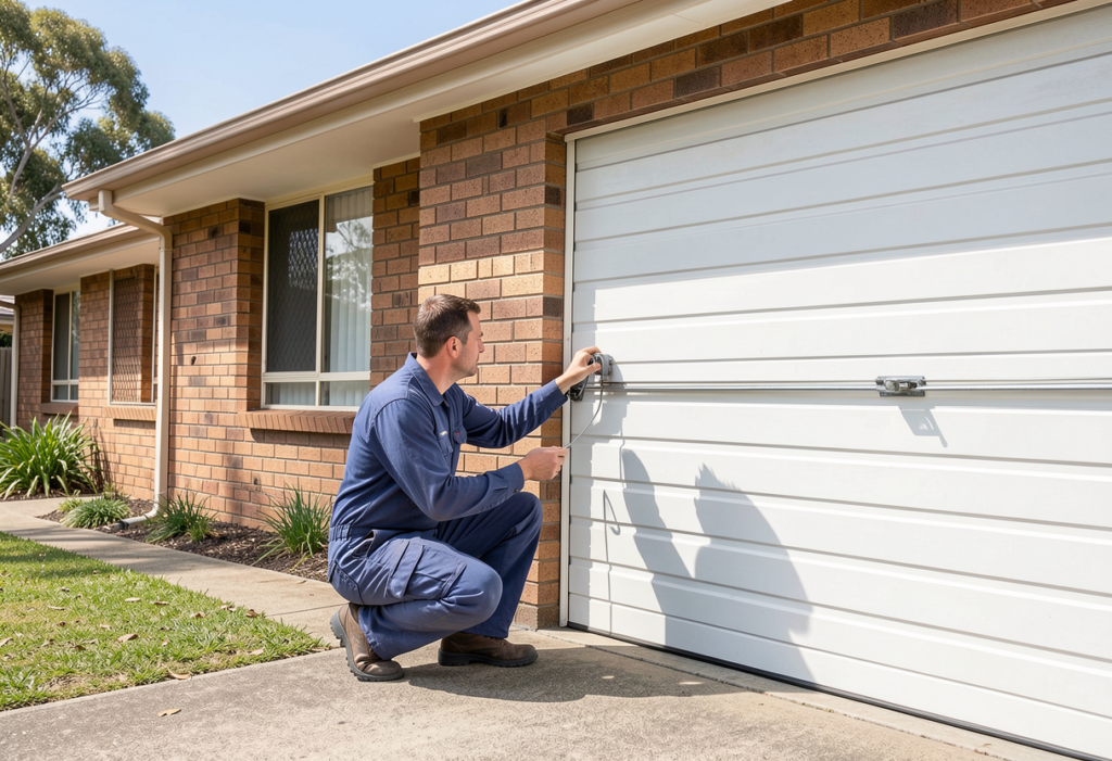 Professional garage door technician in work uniform crouching beside a white steel panel garage door