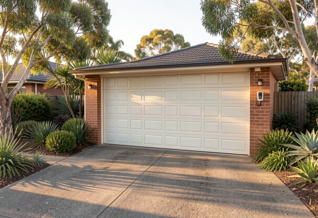 Wide double automatic garage door freshly installed on an older Australian suburban home